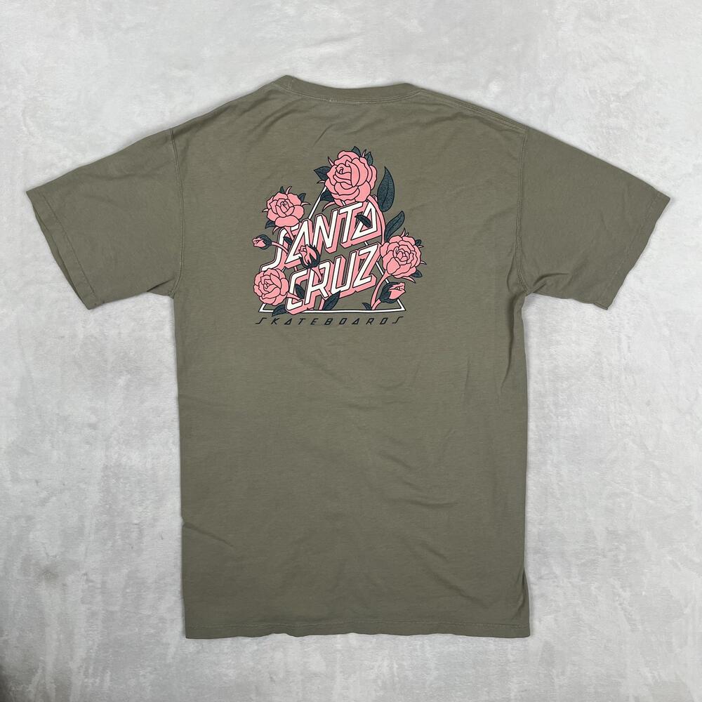 Santa Cruz T-Shirt Mens Small Green Rose Logo Skateboard Graphic Tee Back Print